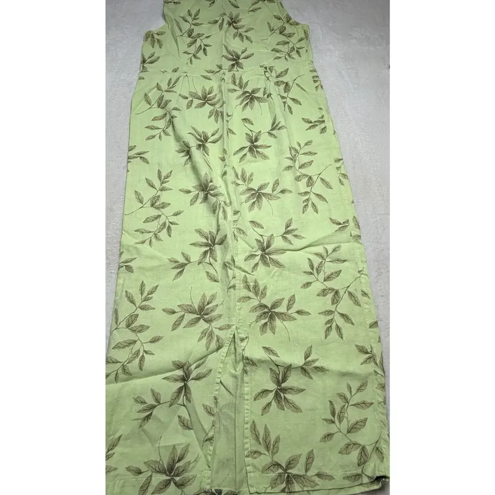 Vintage Russ Berens Malibu Linen Maxi Dress M Lime Green Leaf Print Made in USA
